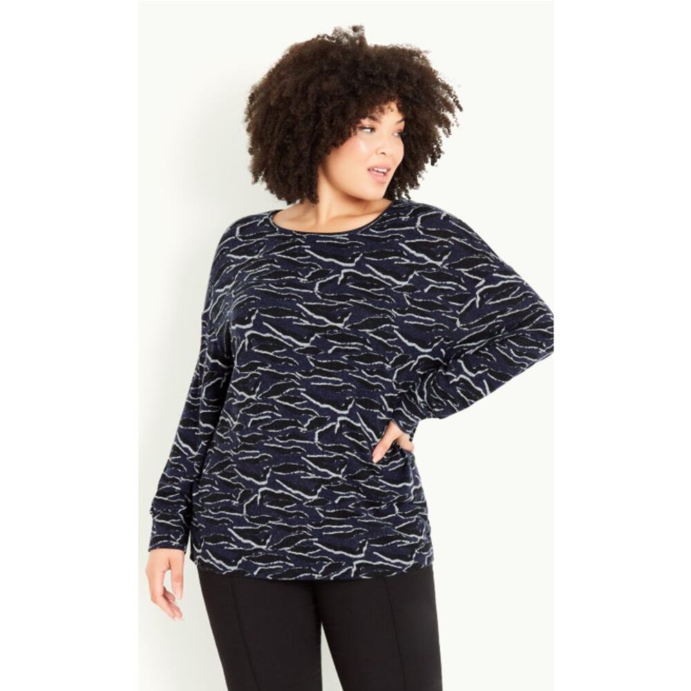 Evans Women's Navy/Black Zebra Print Long Sleeve Plus Knit Top | Size 26/28 NWT